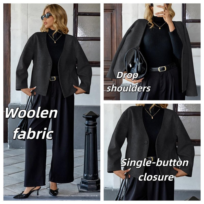 HOTIAN Women Cropped Wool Blend Coats Long Sleeve Coat Jacket Peacoat Fall Winter Outwear Overcoat(DarkGray,M) - Image 3