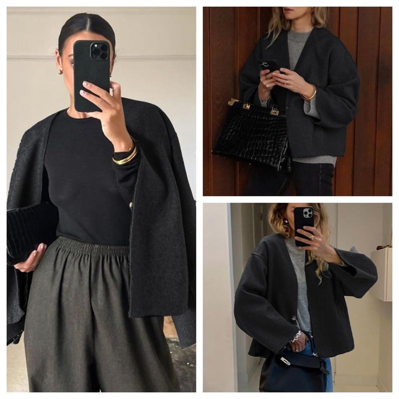HOTIAN Women Cropped Wool Blend Coats Long Sleeve Coat Jacket Peacoat Fall Winter Outwear Overcoat(DarkGray,M) - Image 5