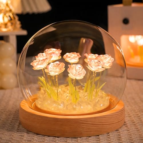 One94Store Rose LED Night Lamp – Wooden Base with 9 Artificial Dual-Color Roses (Pink & White), Table Decoration Light for Bedroom, Romantic Decor, Valentine Day Gift, Love Gift for Her, Couple Gift - Image 1
