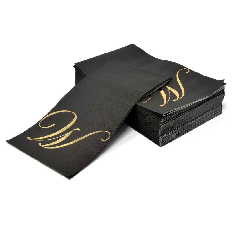 Gift Boutique Gift Boutique 100 Gold Monogram on Black Guest Napkins Letter W Disposable Paper Pack Elegant Metallic Golden Foil Dinner Hand Napkin for Bathroom Wedding Holiday Birthday Party Decorative Towels  - Image 1