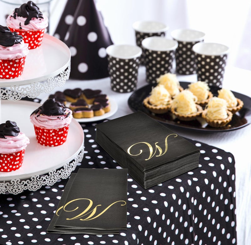 Gift Boutique Gift Boutique 100 Gold Monogram on Black Guest Napkins Letter W Disposable Paper Pack Elegant Metallic Golden Foil Dinner Hand Napkin for Bathroom Wedding Holiday Birthday Party Decorative Towels  - Image 3