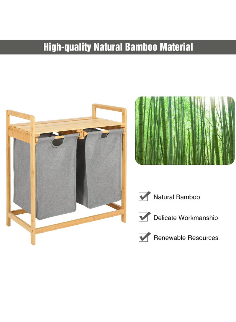 شو وو سلة غسيل مزدوجة قائمة بذاتها من الخيزران، بقسمين، مع أكياس تخزين قابلة للإزالة، وسلة مزدوجة موفرة للمساحة مع مقابض للملابس والبياضات. - Image 4