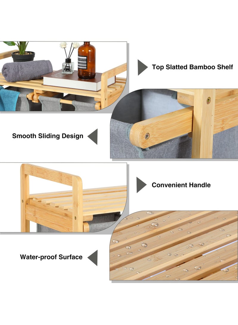 شو وو سلة غسيل مزدوجة قائمة بذاتها من الخيزران، بقسمين، مع أكياس تخزين قابلة للإزالة، وسلة مزدوجة موفرة للمساحة مع مقابض للملابس والبياضات. - Image 3