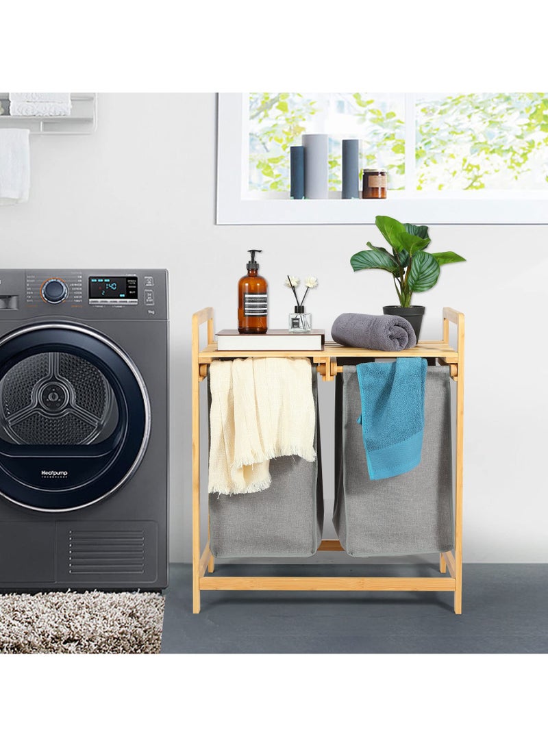 شو وو سلة غسيل مزدوجة قائمة بذاتها من الخيزران، بقسمين، مع أكياس تخزين قابلة للإزالة، وسلة مزدوجة موفرة للمساحة مع مقابض للملابس والبياضات. - Image 2