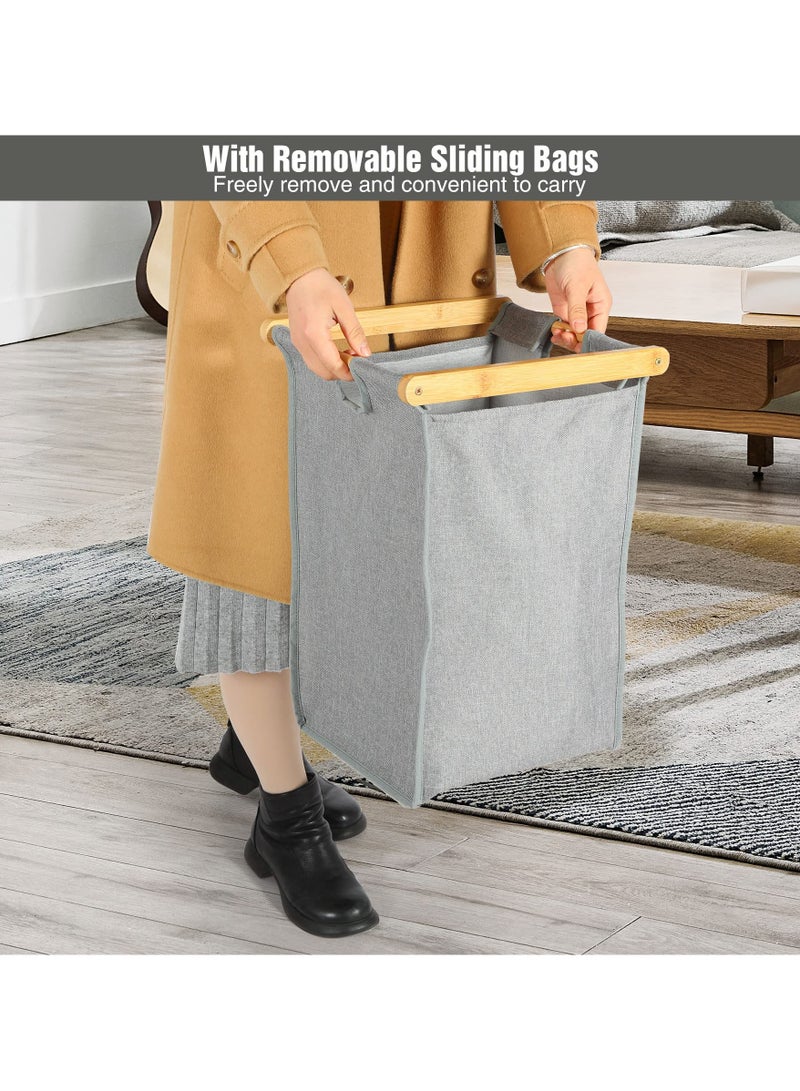 شو وو سلة غسيل مزدوجة قائمة بذاتها من الخيزران، بقسمين، مع أكياس تخزين قابلة للإزالة، وسلة مزدوجة موفرة للمساحة مع مقابض للملابس والبياضات. - Image 5