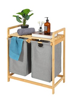 XiuWoo Bamboo Laundry Hamper with Shelf, 2 Section Wooden Laundry Basket with Sliding Removable Bags, Freestanding Laundry Sorter for Bathroom Bedroom Living Room Laundry Room, Grey Pull-Out Bags  - Image 1