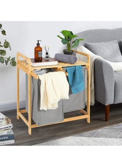 XiuWoo Bamboo Laundry Hamper with Shelf, 2 Section Wooden Laundry Basket with Sliding Removable Bags, Freestanding Laundry Sorter for Bathroom Bedroom Living Room Laundry Room, Grey Pull-Out Bags  - Image 4