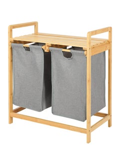 XiuWoo Bamboo Laundry Hamper with Shelf, 2 Section Wooden Laundry Basket with Sliding Removable Bags, Freestanding Laundry Sorter for Bathroom Bedroom Living Room Laundry Room, Grey Pull-Out Bags  - Image 2