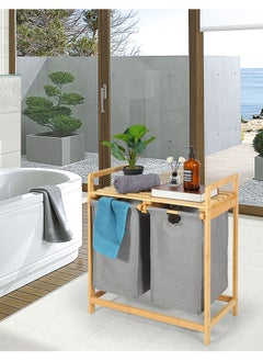 XiuWoo Bamboo Laundry Hamper with Shelf, 2 Section Wooden Laundry Basket with Sliding Removable Bags, Freestanding Laundry Sorter for Bathroom Bedroom Living Room Laundry Room, Grey Pull-Out Bags  - Image 5