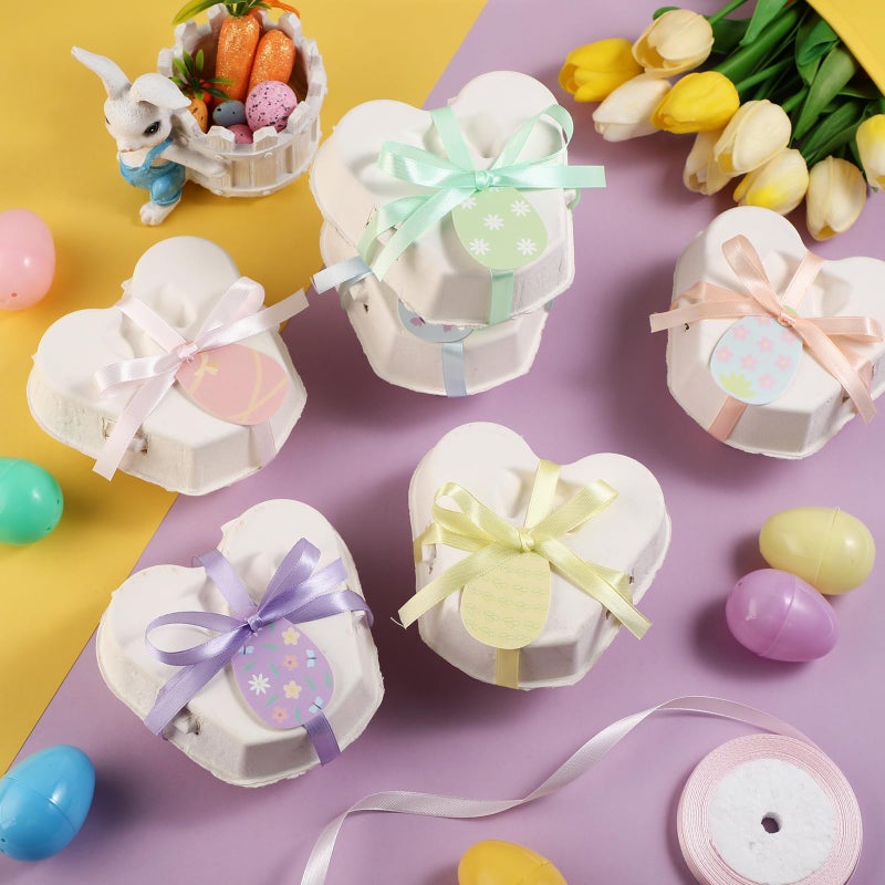 Fullhawl 24 Pcs Easter Egg Cartons White Heart Shaped Egg Holder Natural Pulp Paper for Chicken Eggs with Macaron Color Label Ribbon for Easter Gift, Arts and Crafts Reusable Mini Egg Cartons - Image 2