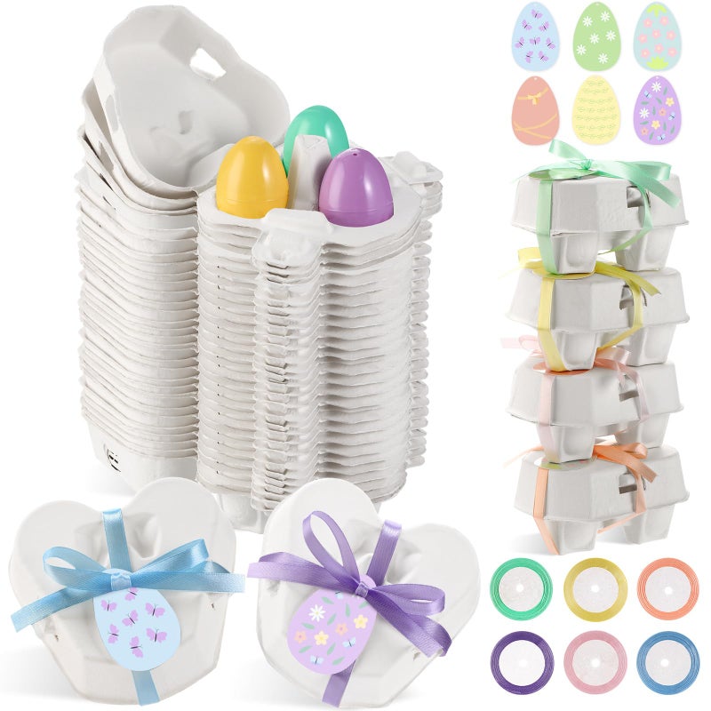 Fullhawl 24 Pcs Easter Egg Cartons White Heart Shaped Egg Holder Natural Pulp Paper for Chicken Eggs with Macaron Color Label Ribbon for Easter Gift, Arts and Crafts Reusable Mini Egg Cartons - Image 1