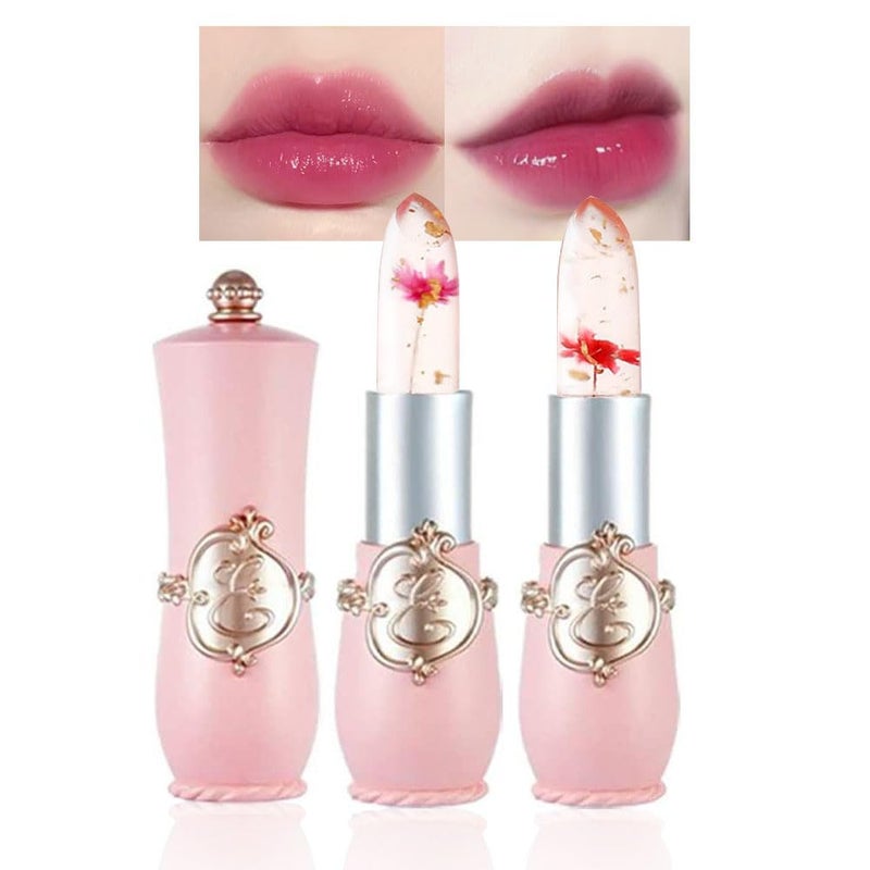 BINGBRUSH 2Pcs Color Changing LipstickPink Crystal Flower Jelly PH Mood Long Lasting Labiales Lip Care Moisturizer Lip Balm Korean Magic Lip Gloss Makeup Lipstick Set for Women