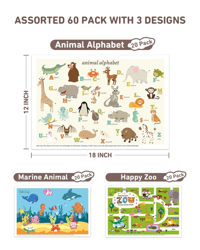 Babebay Disposable Placemats for Baby, 60 Pack Sticky Toddler Placemat for Restaurants, Dining Table, Party, Travel, 12" x 18" with 3 Designs - Image 2