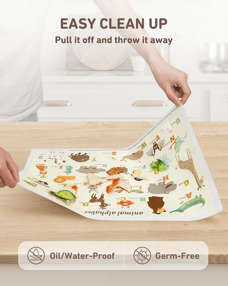 Babebay Disposable Placemats for Baby, 60 Pack Sticky Toddler Placemat for Restaurants, Dining Table, Party, Travel, 12" x 18" with 3 Designs - Image 5