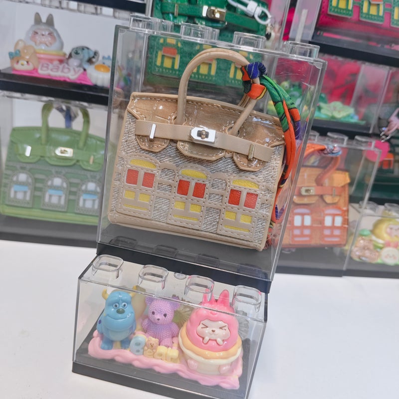 Denim Khaki Mini House Bag Charm with Earphone Storage Pouch - Image 2
