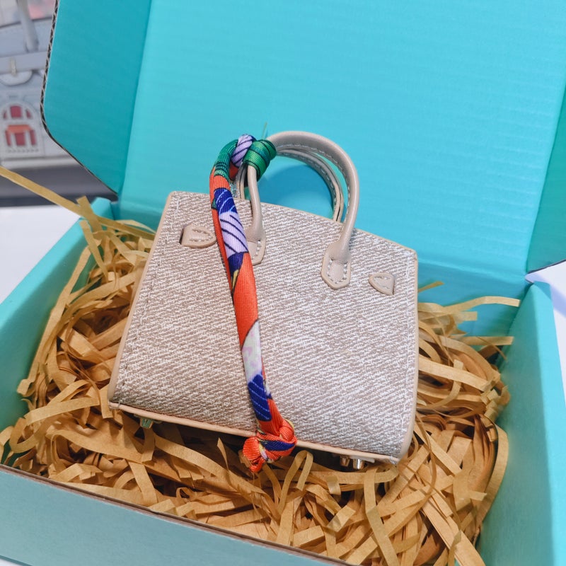 Denim Khaki Mini House Bag Charm with Earphone Storage Pouch - Image 5