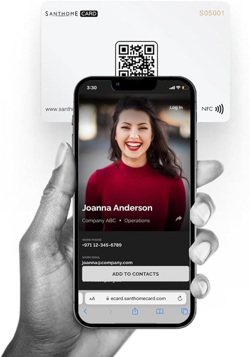 سانثوم بطاقة الأعمال الرقمية | بطاقة أعمال ذكية NFC نقرة + مسح رمز الاستجابة السريعة للاتصال الفوري، متوافقة مع iOS وAndroid بدون تثبيت تطبيق (متوافقة مع اللائحة العامة لحماية البيانات) (عبوة من 25، أبيض) - Image 1