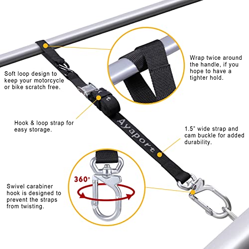 Ayaport Motorcycle Tie Down Straps 1.5” x 8’ (with Swivel Carabiner Hooks) Cam Buckle Tie Downs, Handlebar Strap for Dirt Bike, Motor Bike, Kayak, Car, Truck, Boat, Cargo, Black (1.5" x8'-4pcs) - Image 3