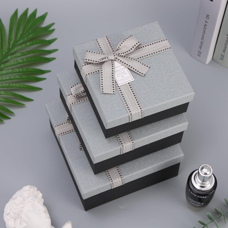 HOME ELEMENTS 3 Pcs Set of Luxury Gift Box with Bow, Bridesmaid Box, Decorative Gift Packaging Boxes for Presents Diwali Wedding Christmas Birthdays Special Occasions Gift Hampers (Light Grey) - Image 1