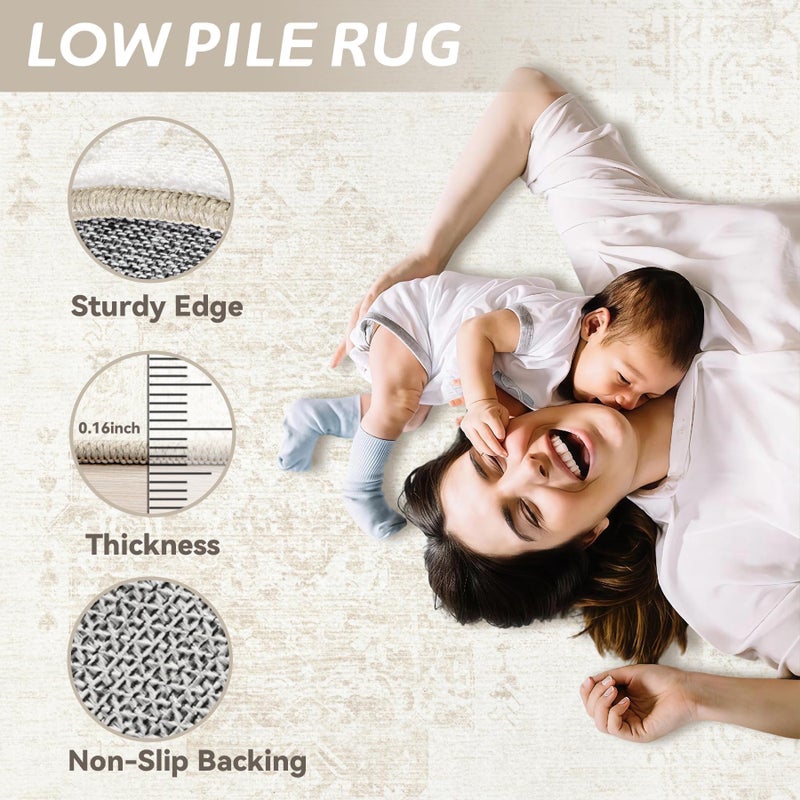TENGTENGLINK 9x12 Area Rugs for Living Room: Washable Vintage Large Retro Rug Soft Non-Slip Indoor Low Pile Carpet for Bedroom Dining Room Office (Beige, 9' x 12') - Image 5