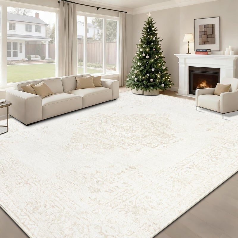 TENGTENGLINK 9x12 Area Rugs for Living Room: Washable Vintage Large Retro Rug Soft Non-Slip Indoor Low Pile Carpet for Bedroom Dining Room Office (Beige, 9' x 12') - Image 1