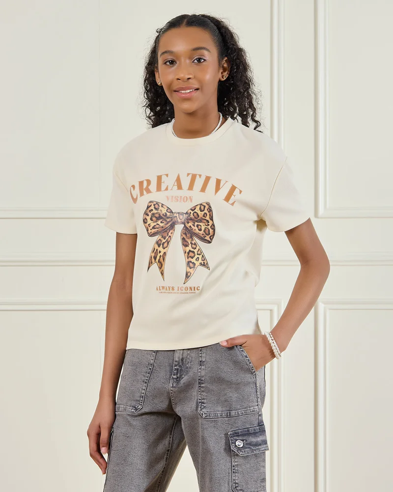Redtag Senior Girls Beige Jacquard Top With Print