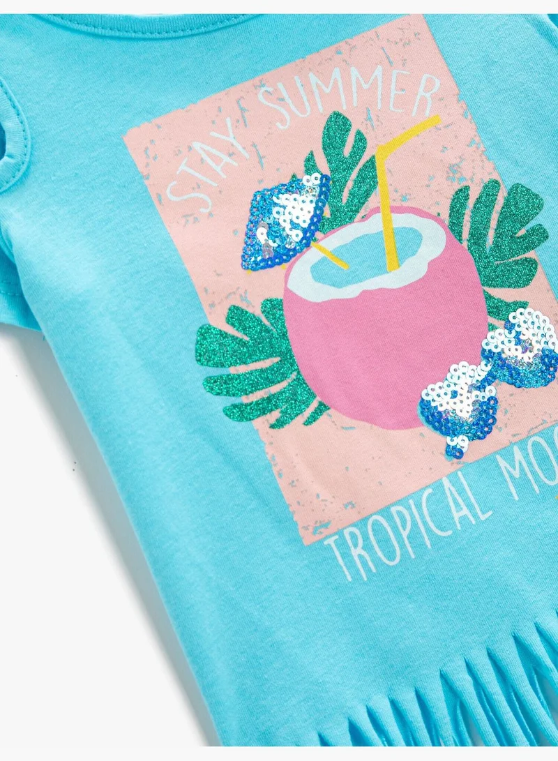 KOTON Tasseled Printed T-Shirt Cut Out Detail Cotton