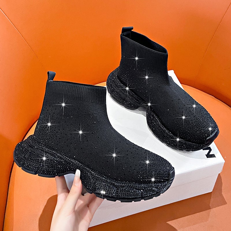 2024 High-Top Sneakers Elastic Sock Womens Thick Sole Diamond Black