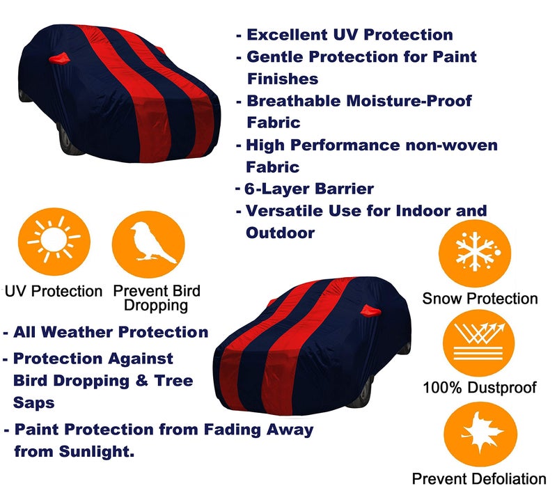 Auto Hub Car Cover Compatible with Aura with Mirror Pocket, Weather Proof, Triple Stitched, Aura Car Cover- Navy-Red - Image 2