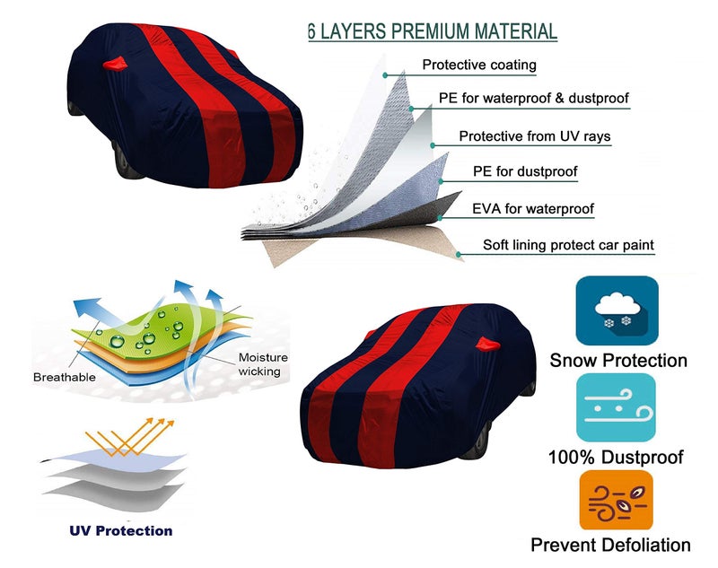 Auto Hub Car Cover Compatible with Aura with Mirror Pocket, Weather Proof, Triple Stitched, Aura Car Cover- Navy-Red - Image 3