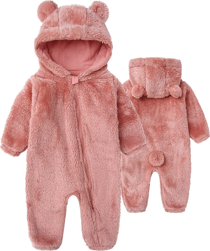 Babymine Newborn Baby Warm Puffer Cotton Fleece Hooded Romper Cute Bear Ear Jumpsuit for Baby Girl Boy Pink 03M