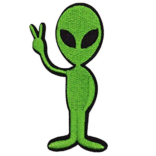 U-Sky Sew or Iron on Embroidered Patches | Cute Green Alien with V-Sign Gesture | Whimsical Space Theme | Kids Teens Sci-Fi Fans | Jackets Backpacks Hats | 3.1"x1.5" 3PCs Pack - Image 2