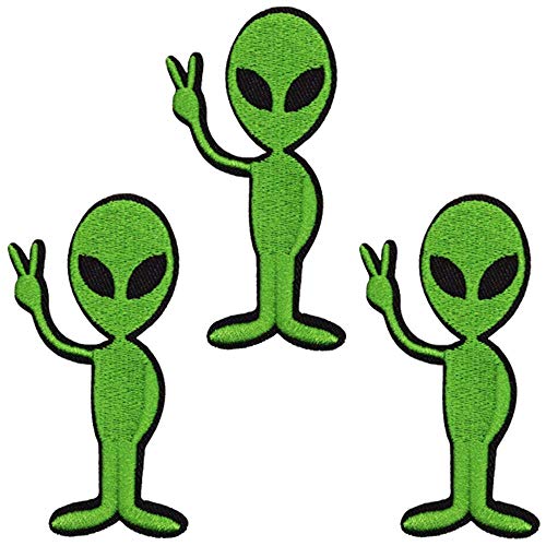 U-Sky Sew or Iron on Embroidered Patches | Cute Green Alien with V-Sign Gesture | Whimsical Space Theme | Kids Teens Sci-Fi Fans | Jackets Backpacks Hats | 3.1"x1.5" 3PCs Pack - Image 5