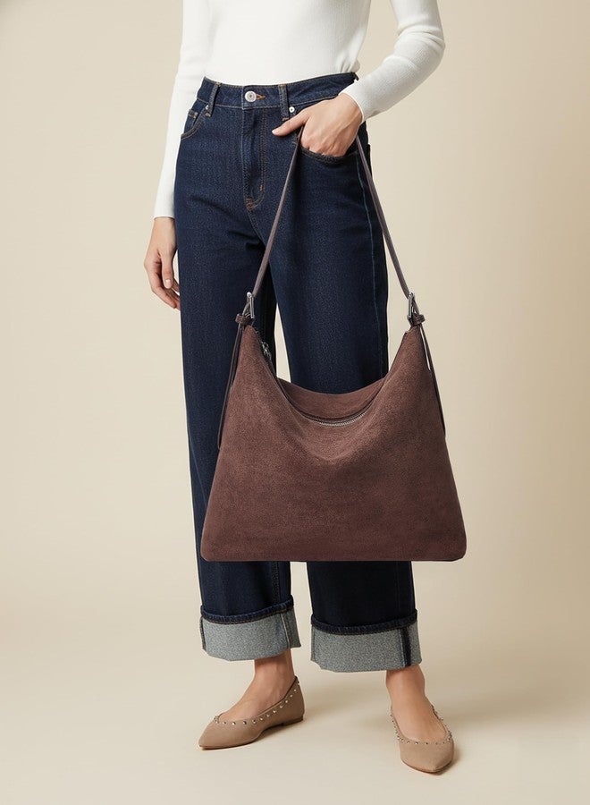 Yarnic Suede Shoulder Bag for Women, Slouchy Hobo Tote Purse with Adjustable Strap, Faux Suede Brown Handbag for Office Work Travel - Image 2