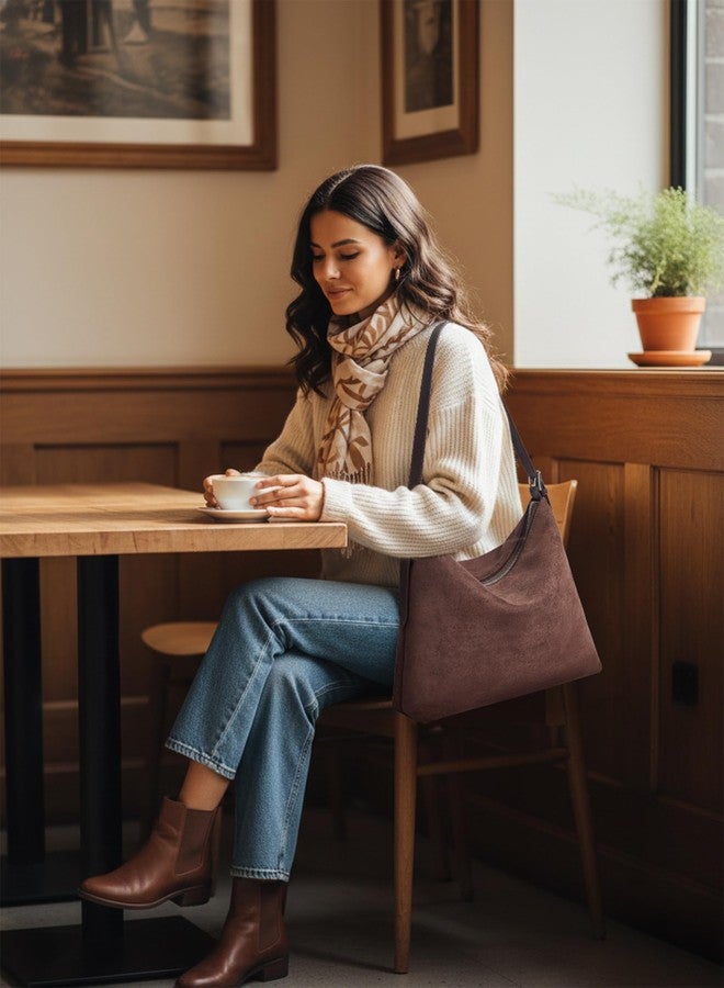 Yarnic Suede Shoulder Bag for Women, Slouchy Hobo Tote Purse with Adjustable Strap, Faux Suede Brown Handbag for Office Work Travel - Image 3