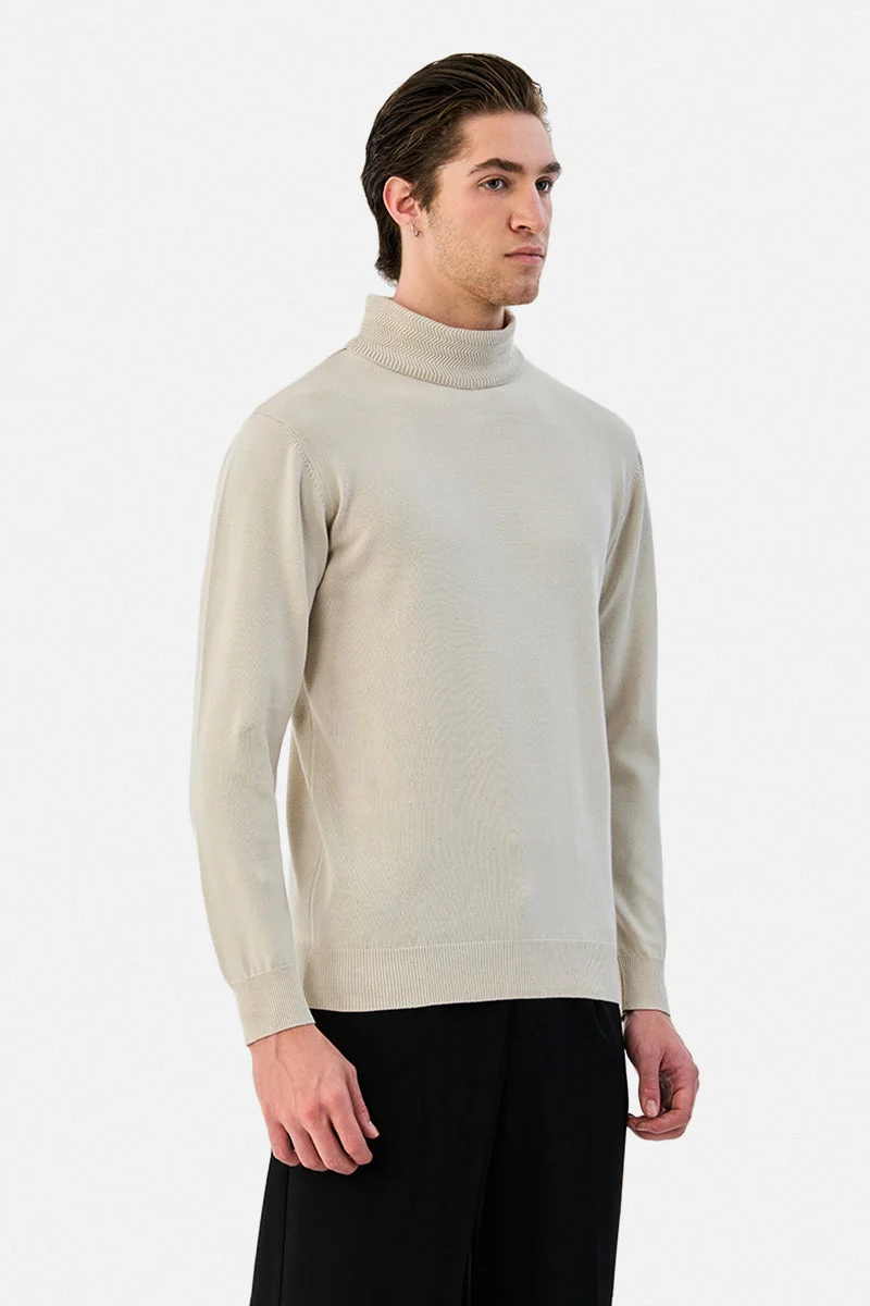 Snitch Beige Turtleneck Regular Fit 100% Cotton Sweater for Men | Best Price UAE