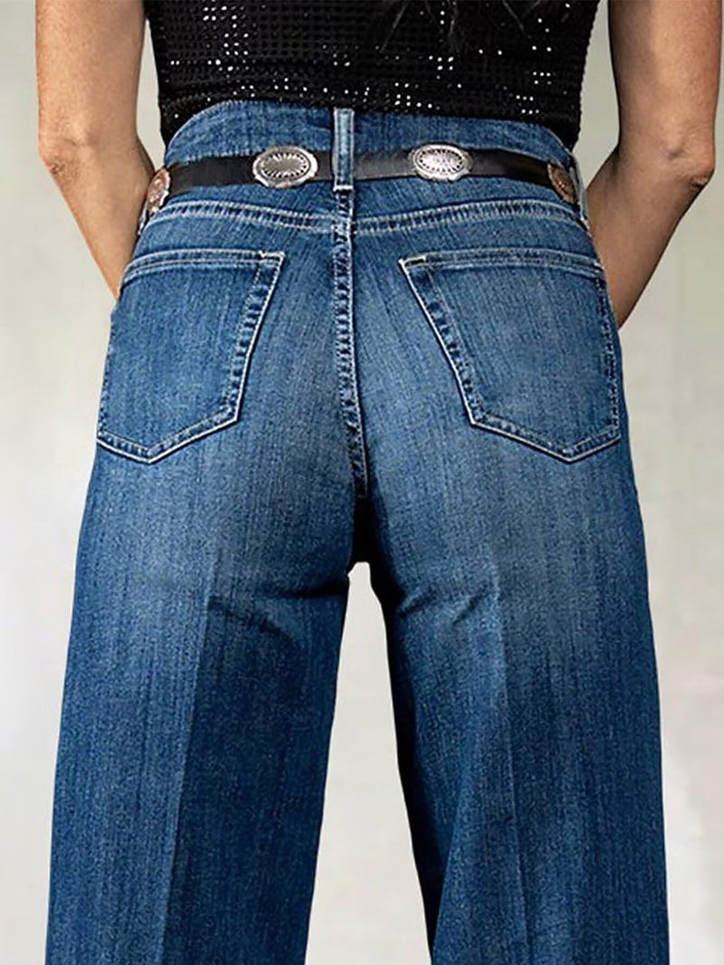 Flamingals Straight Leg Mid Rise Wash Dual Button Butt Lifting Women's Jeans with Pockets Mid Blue S - Image 3