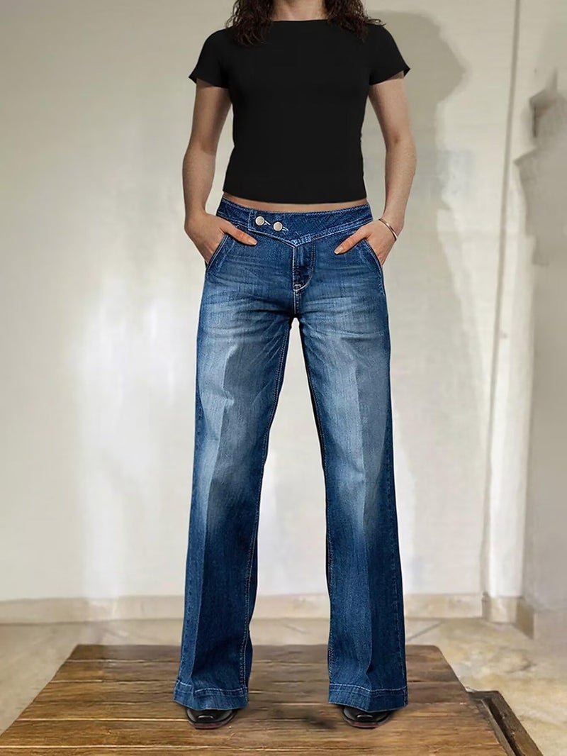 Flamingals Straight Leg Mid Rise Wash Dual Button Butt Lifting Women's Jeans with Pockets Mid Blue S - Image 5