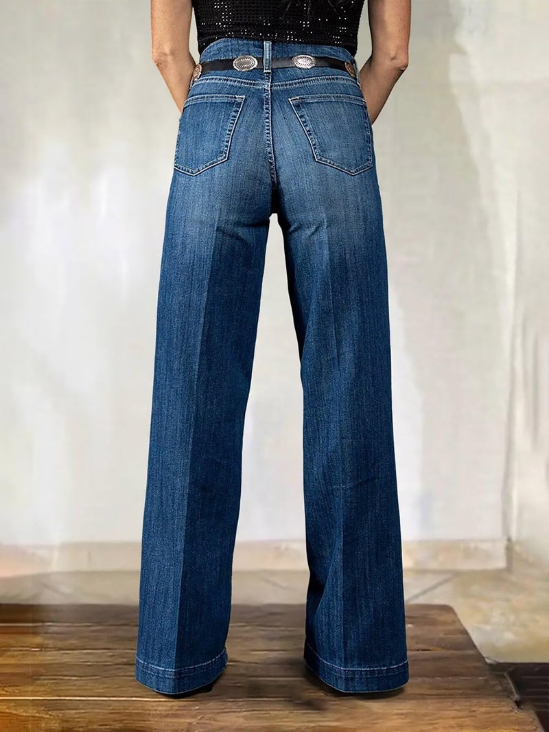 Flamingals Straight Leg Mid Rise Wash Dual Button Butt Lifting Women's Jeans with Pockets Mid Blue S - Image 4