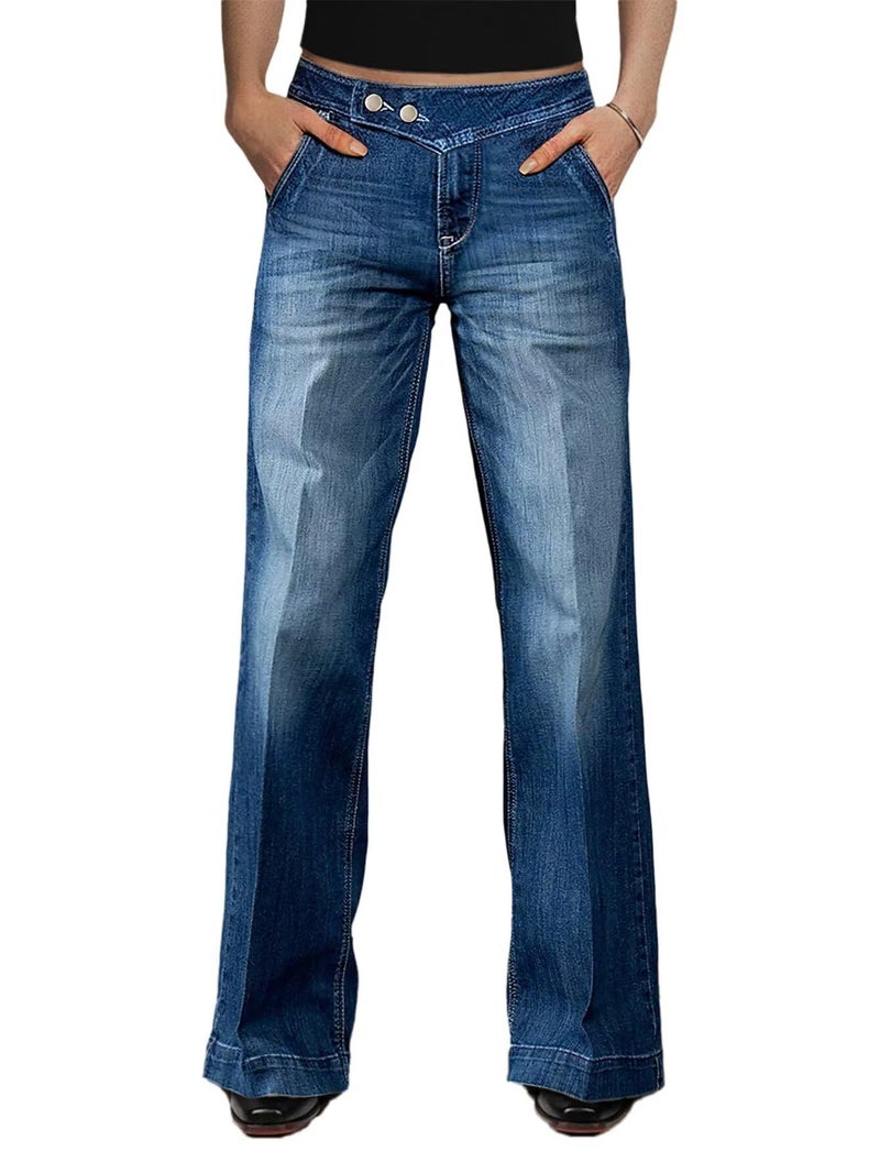 Flamingals Straight Leg Mid Rise Wash Dual Button Butt Lifting Women's Jeans with Pockets Mid Blue S - Image 1