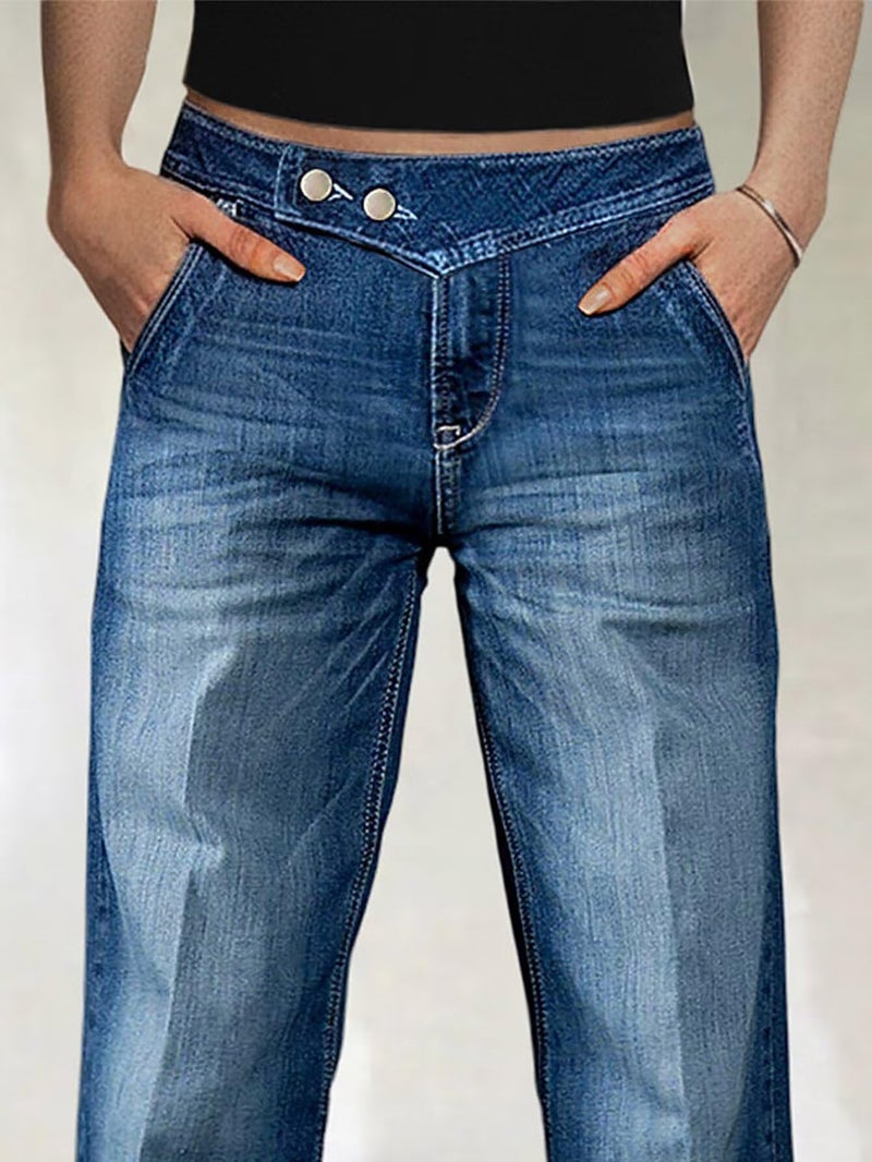 Flamingals Straight Leg Mid Rise Wash Dual Button Butt Lifting Women's Jeans with Pockets Mid Blue S - Image 2