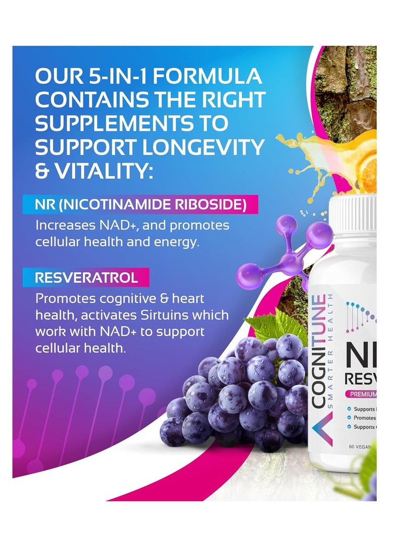 كوجنيتون مكمل NR + Resveratrol - يزيد من NAD+ والحمض النووي وصحة الخلايا وطول العمر والحيوية 60 كبسولة - Image 2