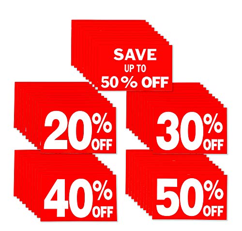 Store Fixtures Direct Up to 50% Percent Off Sign Bundle Pack, 7" x 11": 20%, 30%, 40% & 50%, 10 of Each Sign, 50 Pack - Image 1