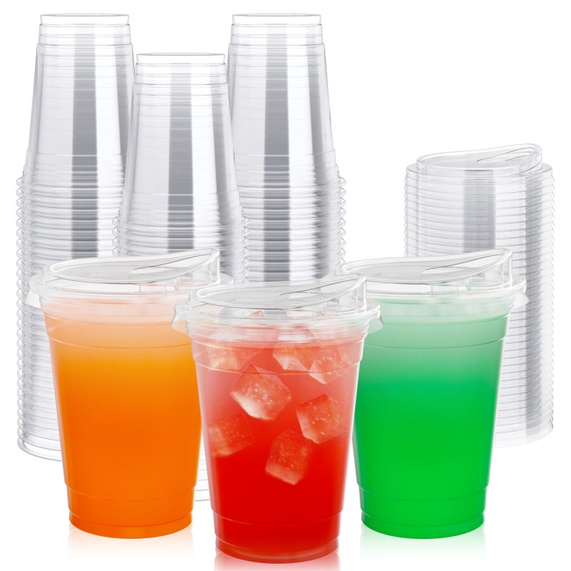 Lilymicky 16oz Clear Plastic Drinking Cups 90 Pack with Strawless Sip Lids Disposable Cups for Iced Coffee Smoothie Slurpee or Any Cold Drinks
