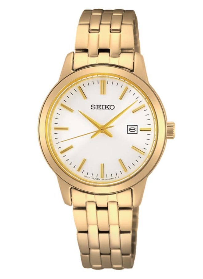 Seiko ساعة كلاسيكية للسيدات بمينا بيضاء من الكوارتز باللون الذهبي الأصفر SUR412، ذهبية، حركة كوارتز  - Image 1