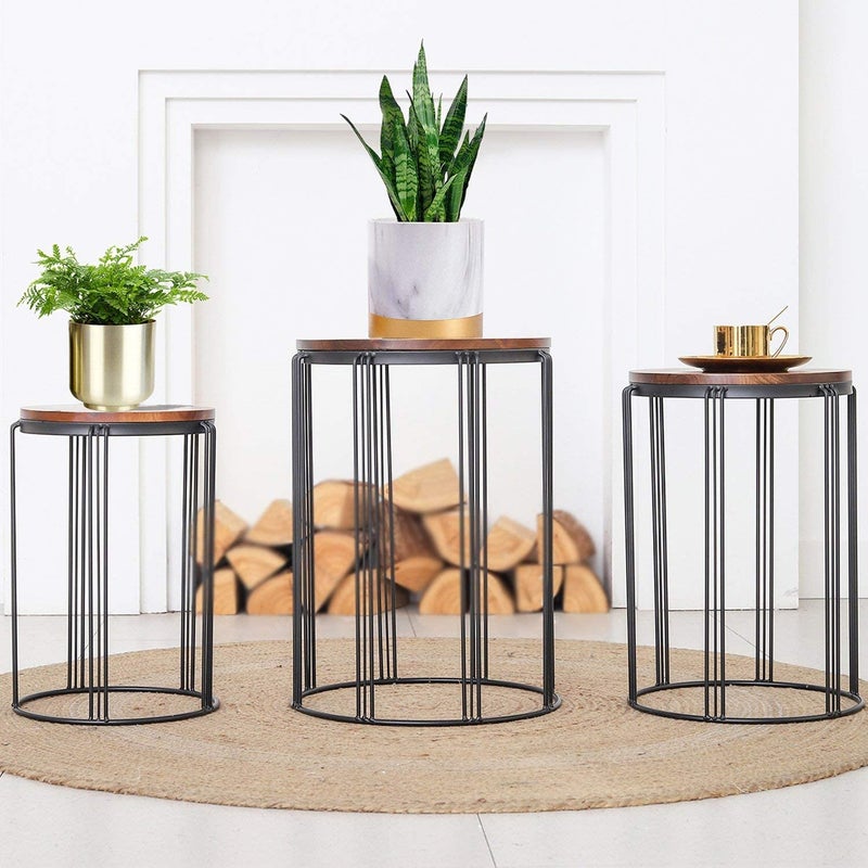 INDIAN DECOR INDIAN DECOR 45881 Patio Side End Plant Tables Outdoor Set of 3 Round Rustic Metal Wire Frame with Fir Wood Top Industrial Nesting Stacking Coffee Tables for Living Room Balcony Indoor Home Office  - Image 1