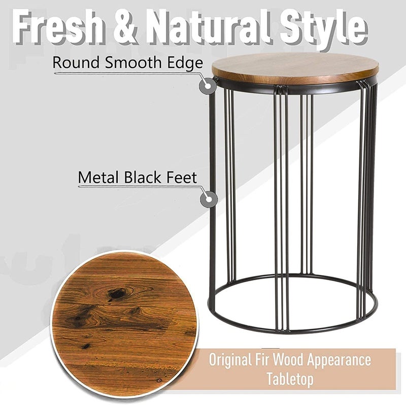 INDIAN DECOR INDIAN DECOR 45881 Patio Side End Plant Tables Outdoor Set of 3 Round Rustic Metal Wire Frame with Fir Wood Top Industrial Nesting Stacking Coffee Tables for Living Room Balcony Indoor Home Office  - Image 2