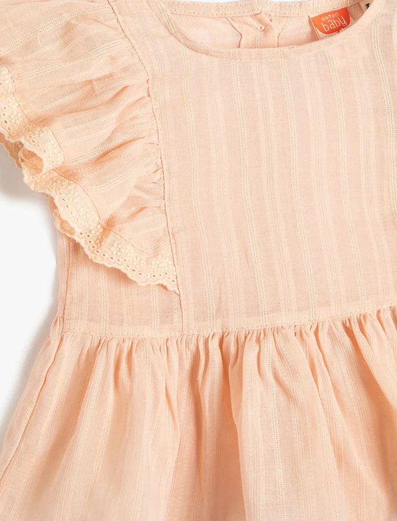 KOTON Blouse Short Sleeve Crew Neck Textured Pleated Laced Cotton