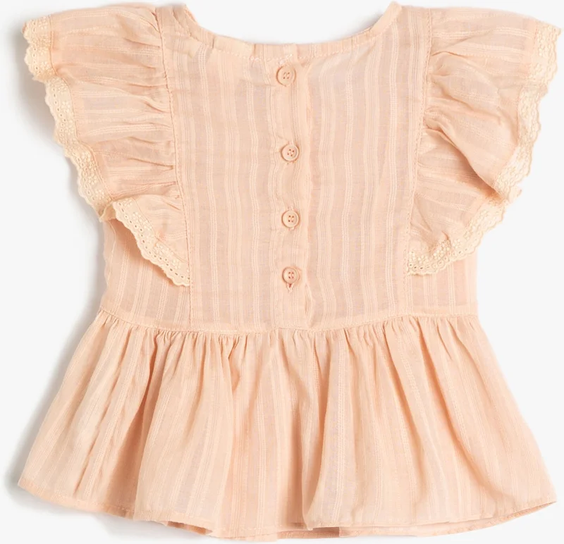 KOTON Blouse Short Sleeve Crew Neck Textured Pleated Laced Cotton