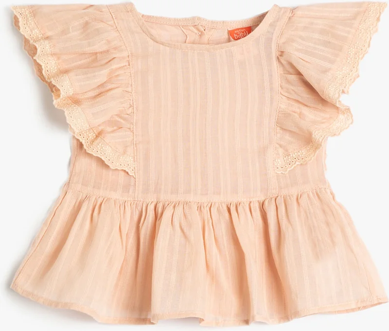 KOTON Blouse Short Sleeve Crew Neck Textured Pleated Laced Cotton